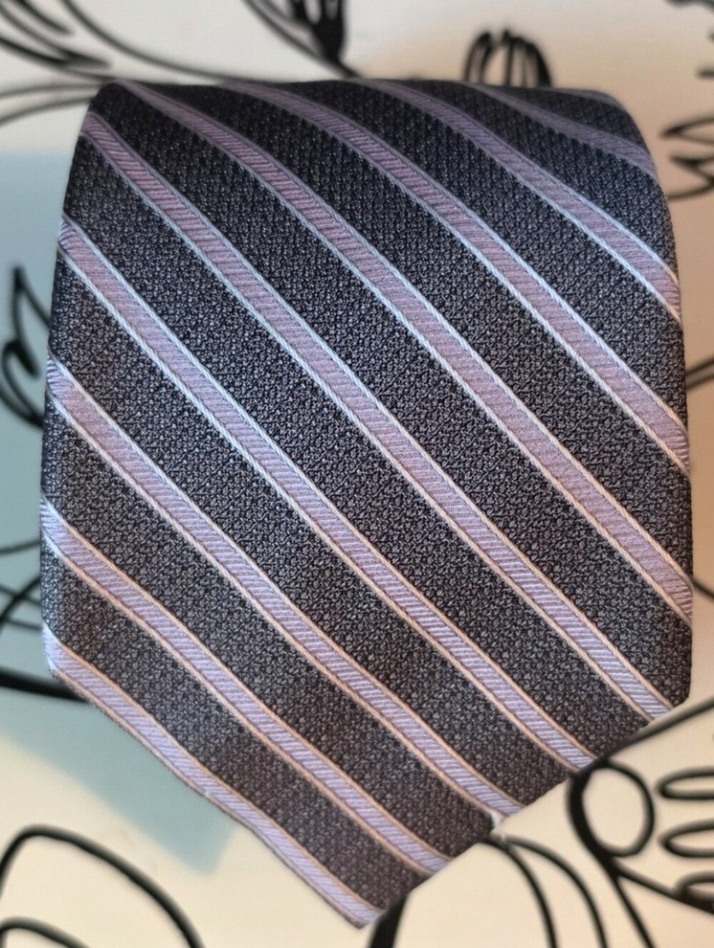 Enro Mens Silk Tie Grey Purple Diagonal Stripe Hand Made Classic Necktie 60x3.25